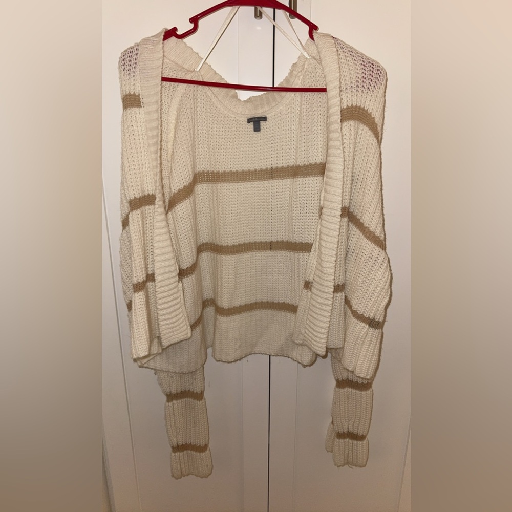 Cream Striped Open Cardigan Sweater